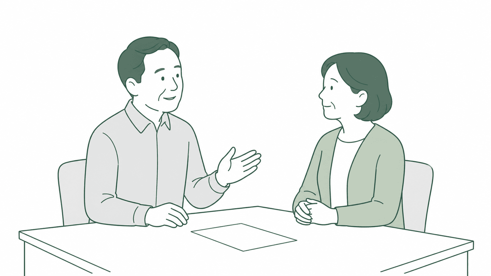 テーブルを囲んで穏やかに話し合う2人のイラスト